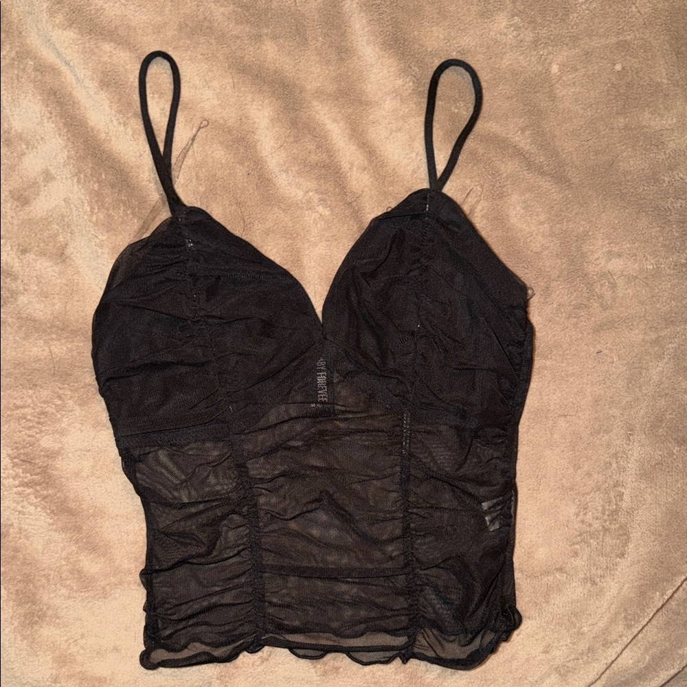 Pebby Forevee Black Mesh Ruched Crop Top with Adjustable Straps